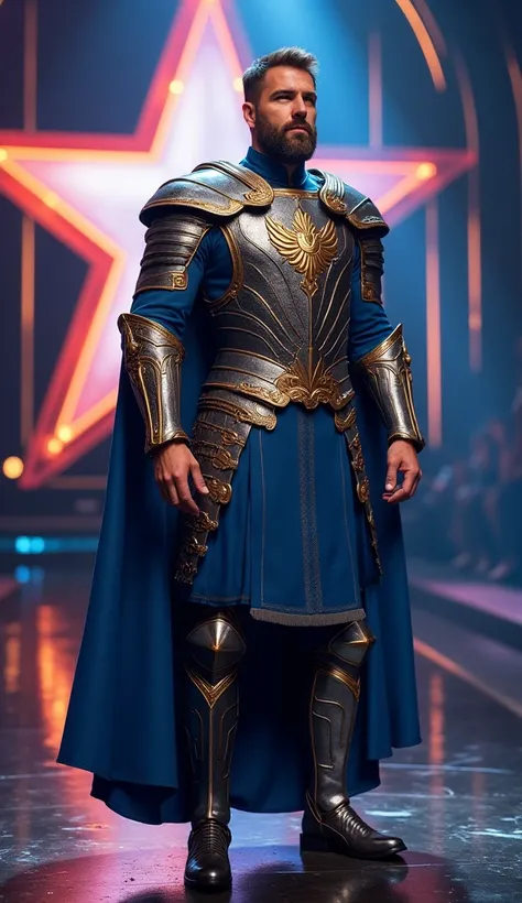 A man of noble size ,  with short brown hair and well-trimmed beard .  He wears a blue tunic over shiny metallic armor,  with gold details that reflect stage lighting .  His posture transmits dignity and strength ,  while the big bright star of the  "Ameri...