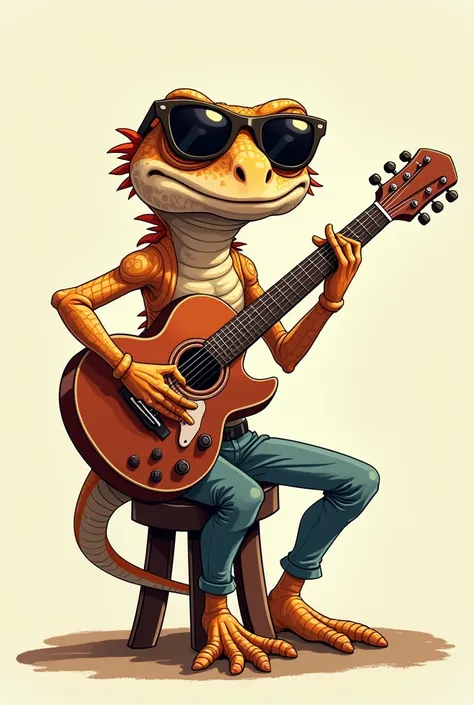 cartoon of a dry lizard wearing sunglasses, sitting on a stool and playing the guitar, he is cool
