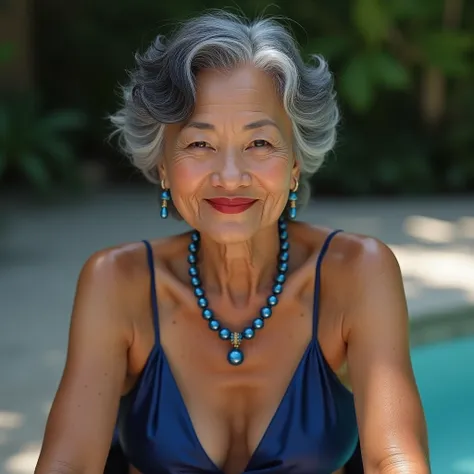  Generate hyperrealistic image in HD ,  seventy-year-old woman , black and gray hair, smiling, posing sitting,  in front of the camera , tanned Asian woman in a blue bikini lying down, realistic , , is wearing a swimsuit,  smooth skin and blue pearl neckla...