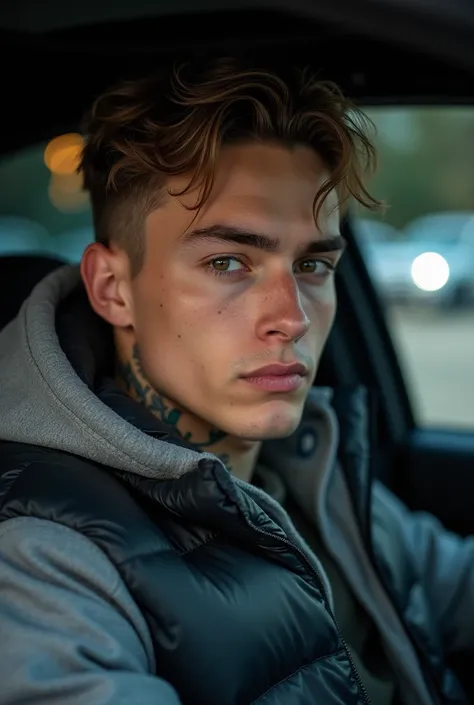 Make me Matthew Noszka ,  wavy hair backwards very short brown green eyes , tatuajes,  neck tattoos , muscular with few freckles and bushy eyebrows wearing a padded gray hooded jacket in a black car,In the background a night parking lot  