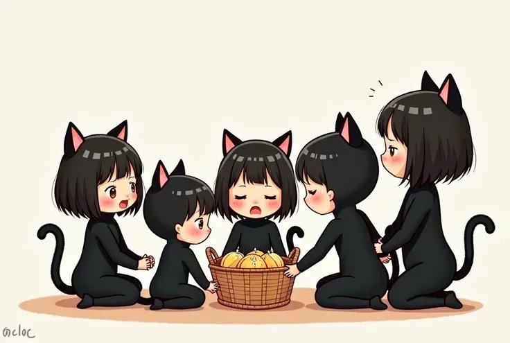 Sketch Drawing Cartoon style 3 beautiful asian girls with very shinest beautiful cheeks and 5 handsome asian boys with handsome cheeks wear black cat lycra turtleneck unitard catsuits that have black cat costume tails.They wear black lycra inner hood-like ...