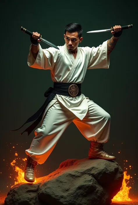  displays 
a handsome Indonesian man ,  with short hair wearing a white swordsman suit with armor plated ,
 a flying embers ,  is jumping on a piece of rock while holding a nunchaku,  a bold typographic letter inscribed with the middle  " CEP HENDRA  "  st...