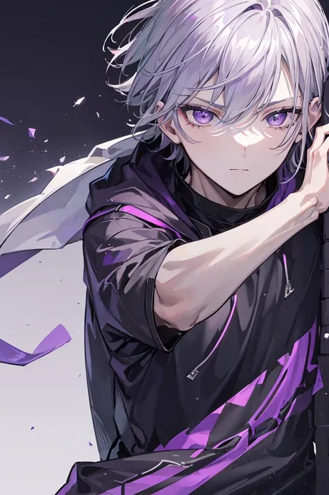 Grey hair, purple eyes, short hair, young boy, handsome man, cool tall boy, modern style,slang,dark forest background, modern style , casual clothes, an attack, close up