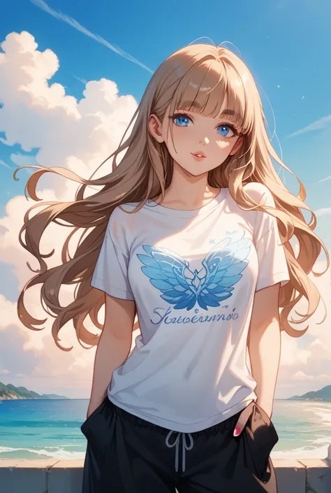 A anime girl vibe is youthful, energetic, and captivating
Eyes: Large, round, Sky Blue

Face Shape: Oval

Hair: Long, straight, flowing (slightly spiky if desired)

Lips: Full

Eyebrows: Thin

Skin: Glowing

Clothing: Casual
Design a full-body anime girl i...