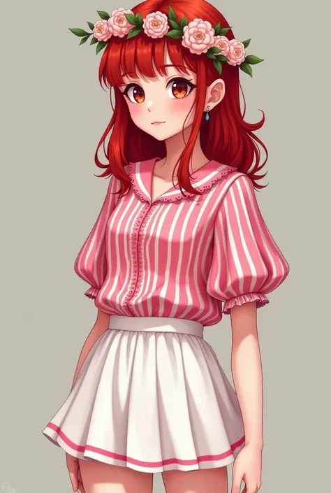 Red hair with bangs  , She wears a flower crown,  wears a white mini skirt on the sides it has pink strips ,  wears a blouse with a low pink and pure dark pink stripes 