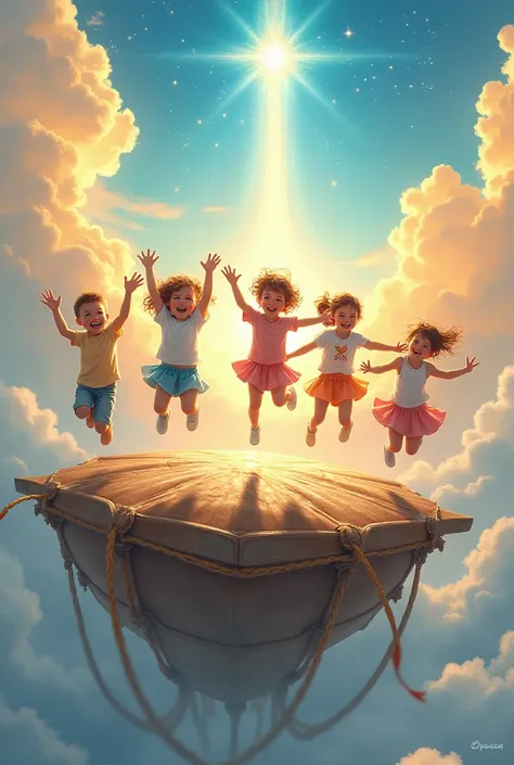 One , one young boy and four young girls jumbing on the flying flight top with joy and excitement in divine presence 