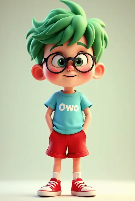 A cute and nerdy brother, , with big round glasses, flushed cheeks, wearing a light blue t-shirt with "owo" written on it, red shorts, and bright green hair, rambut rapi, red sneakers with knee high socks. The style is 3D Pixar animation with a pastel colo...