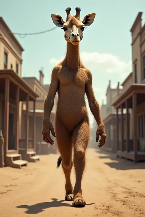 Generate photo with a giraffes head on a hairy human body walking in a western village