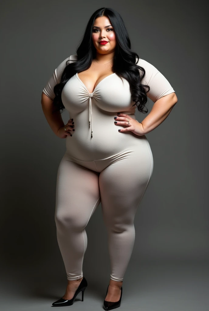 ((Bbw)), ((plumpy woman)), ((tall)), (milf), puffy cheek, plump face, big nose, (caucasian), long black straight hair, beautiful, big boobs, wide hips, wearing a cow spandex suit with small black heels, lipstick, eyeshadow, (realistic masterpiece)