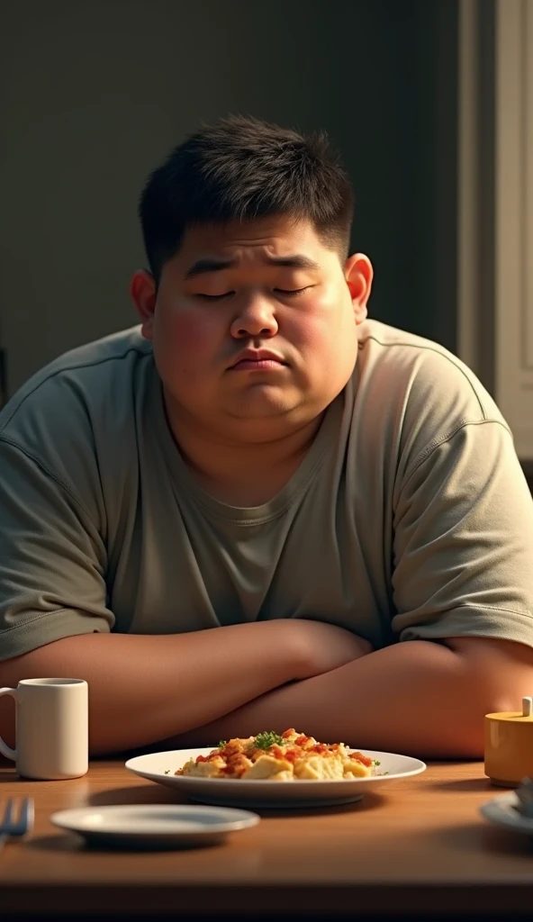 Fat man young 25 years sitting at the table NOT EATING the food served, concentrating with his eyes closed