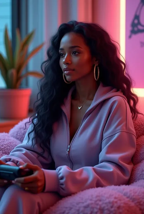 Create me a  with brown skin ,long black hair with gold hoop earrings a tracksuit and playing video games in a pink pouf 