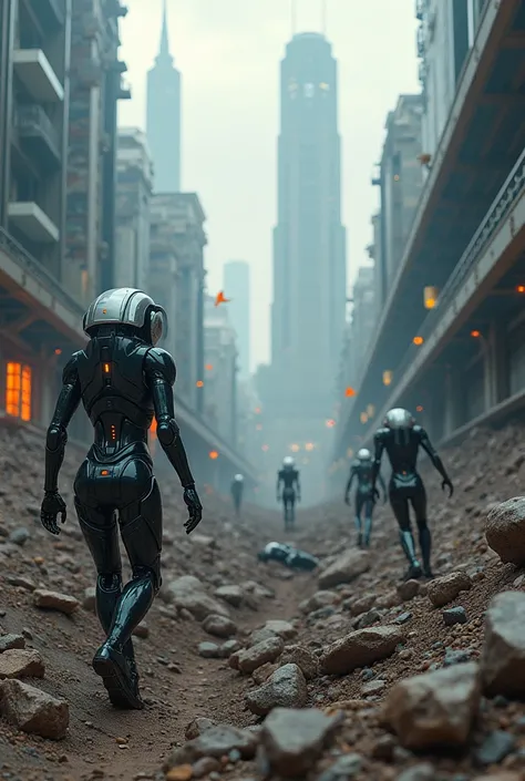 Robots in a Futuristic city collapsing deep into ground holes shattered, from explosives underground 