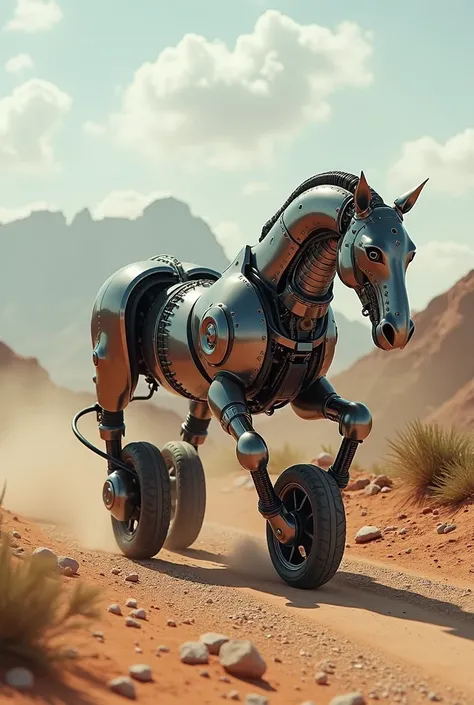 Robotic horse, steel, motociclet with form of horse, 2 wheels, black wheels, dirt road, decert, black seat