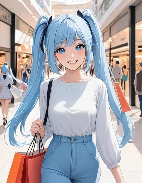  long light blue hair walking around the city with shopping bags 　  Beautiful Girl with Twin Tails 　smile　Walking in a shopping mall 　