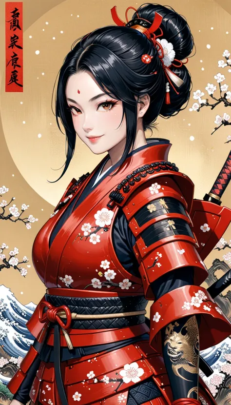 Masterpiece, top quality, highly detailed, detailed 4k artwork, gloss, shine, white gloss and sparkle, woman, samurai, red Japanese armor, hime cut, black hair, smiling,,,  Japanese Tattoos , Japanese carving, Ukiyo-e