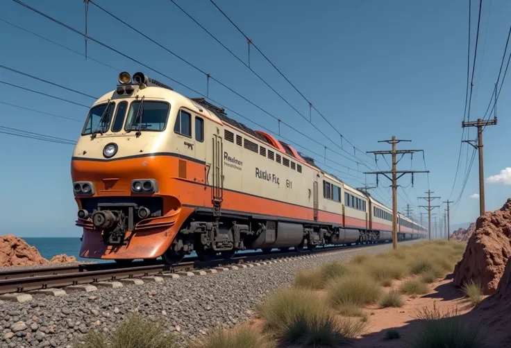 realistic, 60s style powerful locomotive travelling through an orange rocky desert, avant garde design locomotive, telegraph poles near tracks, (((very long slender thin electric locomotive))),  pantograph, catenary wires overhead, clear blue sky, (many wh...