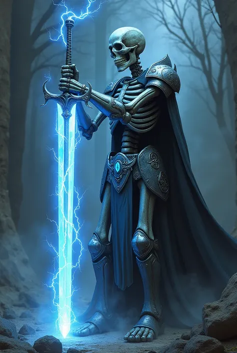 A skeleton knight, glowing blue orbs for eyes, holding a greatsword made of lightning, HKStyle, hyper detailed, HD 
