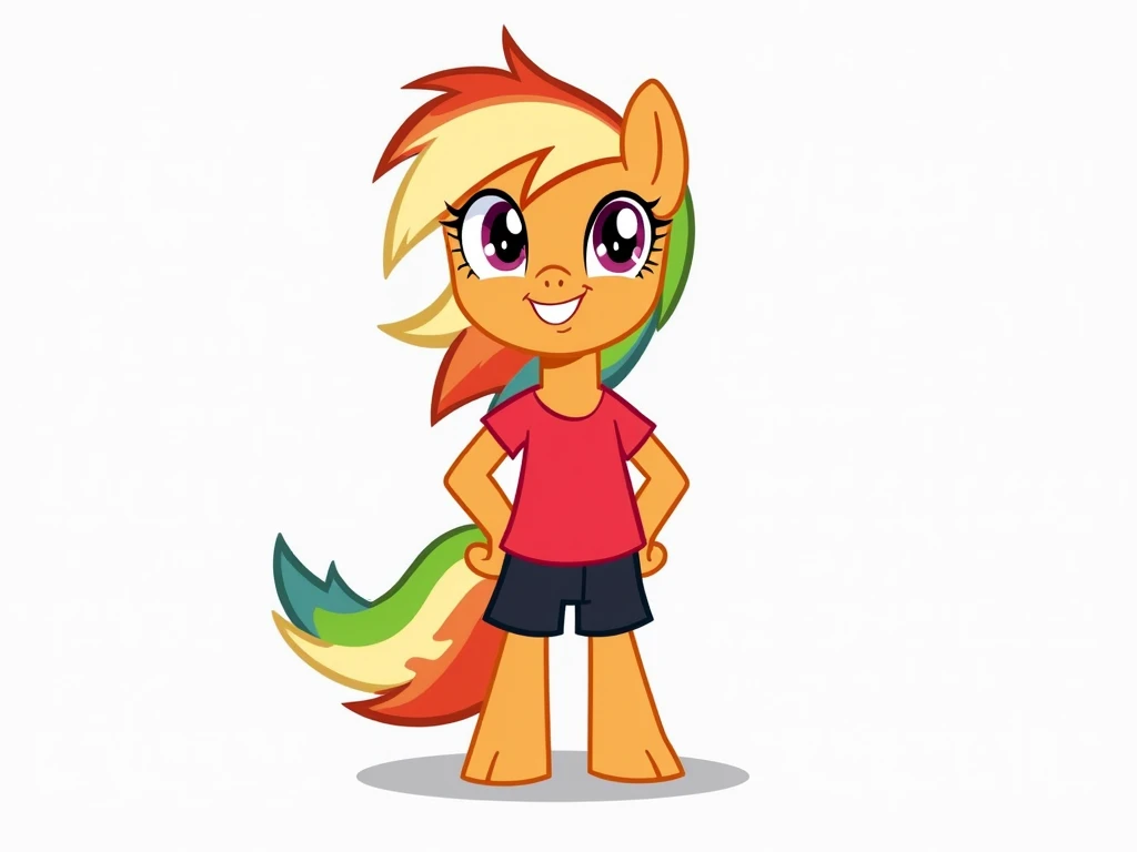 The character stands with a playful, energetic posture, a mix of human and anthropomorphic My Little Pony traits. With a brightly colored red shirt and black shorts, they exude a vibrant, cheerful energy. Their pony-like features include a flowing, multico...