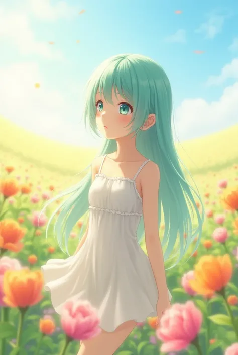 Hatsune Miku on a Blooming flower field wearing a white one piece looking at the sky close up