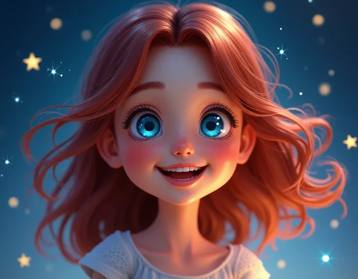 A girl is feeling happy and has bright blue eyes and dark red hair that is shiny at the same time in the background there are small golden stars shining at night with bright blue sparkles