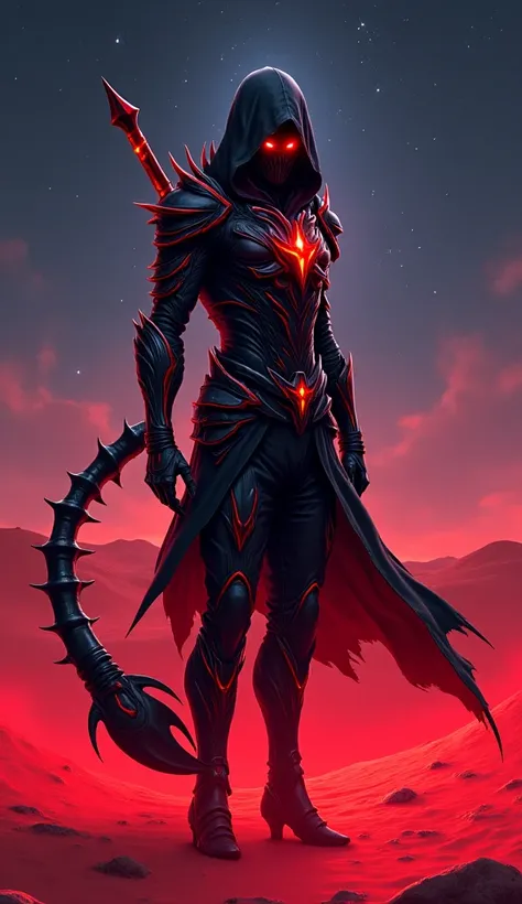 A dark and enigmatic assassin with scorpion-inspired black and red armor, featuring a glowing tail-like weapon. The character stands in a desert under a starry sky, surrounded by crimson sand swirling with energy. Piercing anime eyes and ultra-realistic sh...