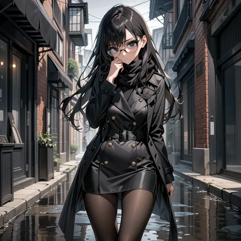 masterpiece, highest quality, highest resolution, clear_image, detailed details, black hair, long hair, 1 girl, black eyes, black trench coat, black silk mini pencil skirt, black scarf partially covering the face, black pantyhose, full body, black eye glas...