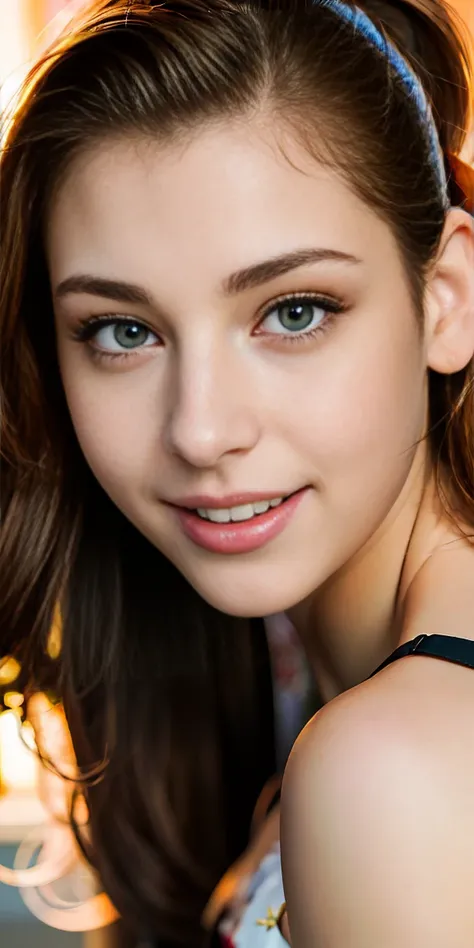 Photo of a -old American  girl, .RAW, modelo americana beautiful woman, (Light brown hair ponytail) Ponytail hairstyle, freckles on cheeks , braces on teeth , Nice smile , big smile , ((portrait)), ((detailed face:1.2)), ((detailed facial features)), (fine...