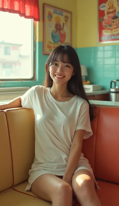 (1girls shot:1.3),(JAPANESE_13yo:1.5),Portrait MagMix Girl looking at the camera,(very_tight_Tshirts_dress:2),(show_nipples:1.5), A retro ice cream shop with pastel-colored walls, Classic Soda Fountain Counter, Vintage ice cream poster, bathed in warm sunl...