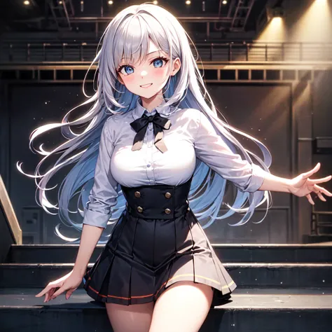 A high school-aged girl is climbing a set of backstage stairs in a theater, heading toward a brightly lit stage. She is mid-step, her expression showing focus and slight excitement. Her outfit flows lightly as she moves, suggesting urgency. The background ...