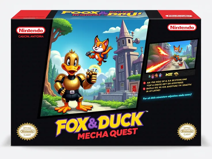 Title: "Fox & Duck: Mecha Quest"
Box Style: True to the iconic NES Classic design, the artwork is framed within a black border with the "Nintendo Entertainment System" logo at the bottom right. The title logo, a bold and colorful font with metallic accents...