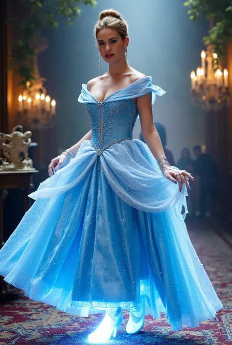 A breathtaking depiction of a young woman resembling Lily James as Cinderella (2015), portrayed as a glorious and powerful figure mid-transformation. Her iconic ballgown shimmers with an ethereal glow, transitioning elegantly from a modest design to a volu...