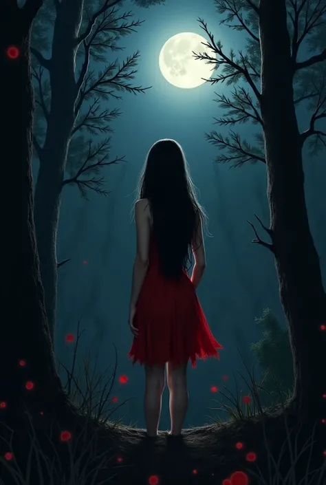 Create a scene where a beautiful and shapely young white woman with long black hair ,  in a short, torn red dress wakes up lying in a dark forest. The full moon shines above her ,  casting strange shadows on the trees .  Shes looking out into the trees at ...