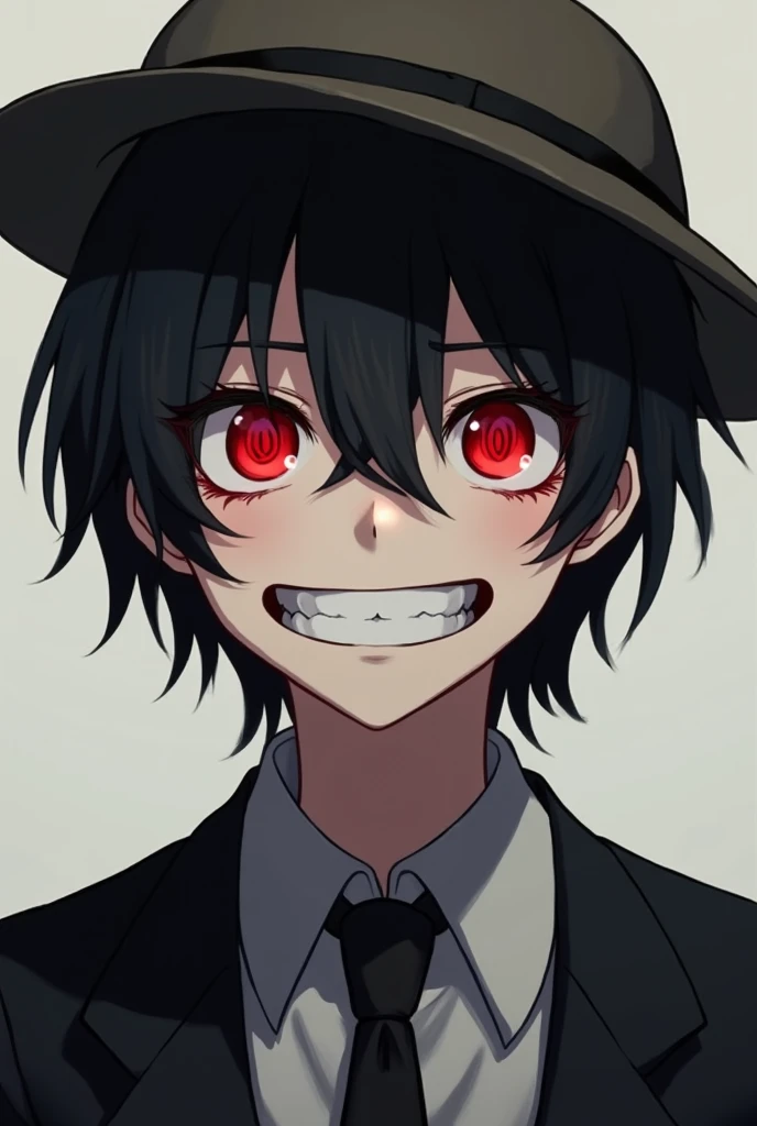  Good-faced psychopath with hat and red eyes. Always smiling and black-haired .  Approximately 18 years old anime style 