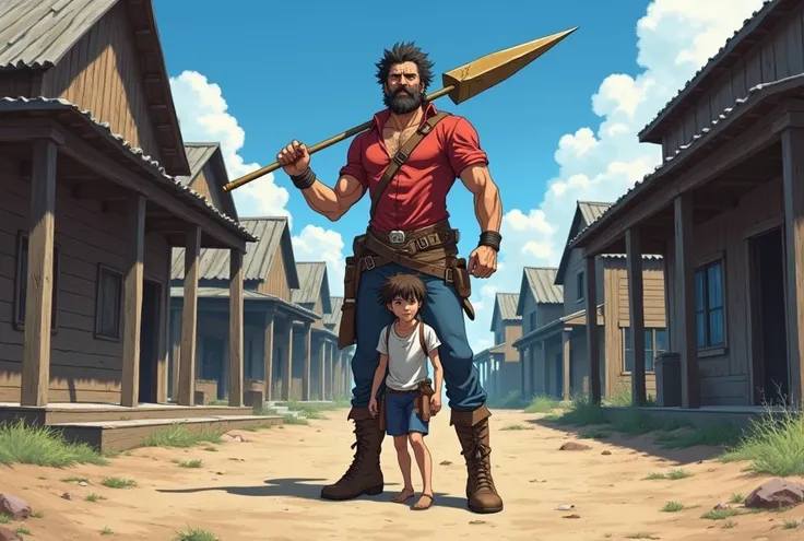  Adult standing in the center of the village , holding a makeshift spear ,  protecting ren who hide behind it,  while facing threats outside the painting . Wild West theme , anime