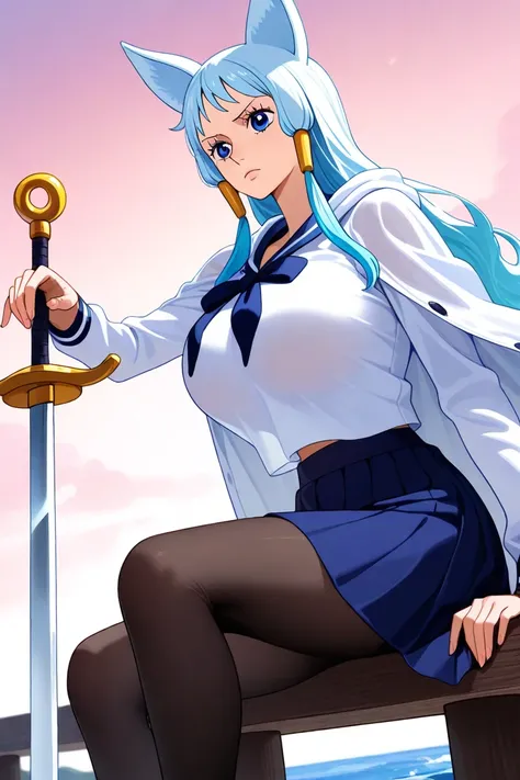 full size woman ,  in sailor uniform with sword, wearing dark tights ,  wearing a knee-length blue skirt over her tights, the white raincoat hangs casually on the shoulders, without using sleeves  (No one else is present in the ), sailor from the anime One...