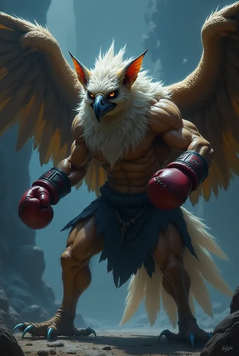 eagle in the night fighter with human body strong and terrifying human ears and fish tail boxing glove