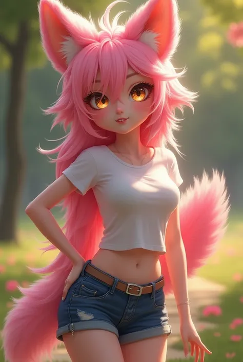 (Por cutesexyrobutts), Pam,  furry felina antro , Pink chica,  golden eyes ,  white t-shirt abdomen ,  denim shorts,  Alone, Teeth,  ( best quality), (detailed feathers, feathers,  feathery body :1.2),  looking at the spectator ,  Park, very sexy,  HIGH QU...