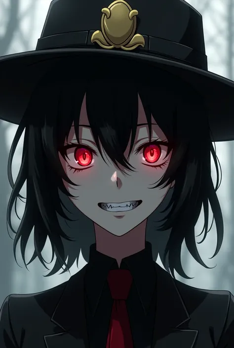 Strategic psychopath with hat and red eyes. Always smiling and black-haired .  Approximately 18 years old anime style 