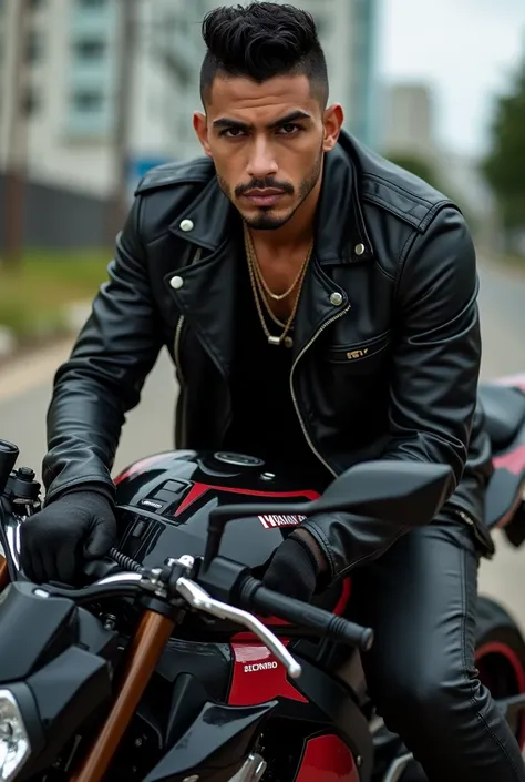 Maluma: corte Burst Fade rapado a los lados, ojos marrones mirada intensa. Piel iluminada. Wearing black leather clothing 
Riding posing on a black and red Yamaha R6 motorcycle, High resolution