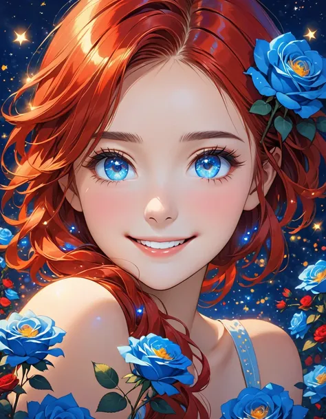 A girl is feeling happy and has bright blue eyes and red hair that is shiny at the same time in the background there are small golden stars shining at night with bright blue roses
