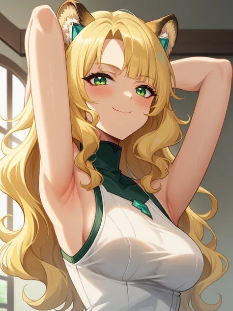 score_9, score_8_up, score_7_up, source_anime, anime screencap, 1girl, solo, xilonen, green eyes, blonde hair, long hair, wavy hair, blunt bangs, medium breasts, sleeveless, turtleneck, arm behind head, armpit, looking at viewer, head towards viewer, smile...