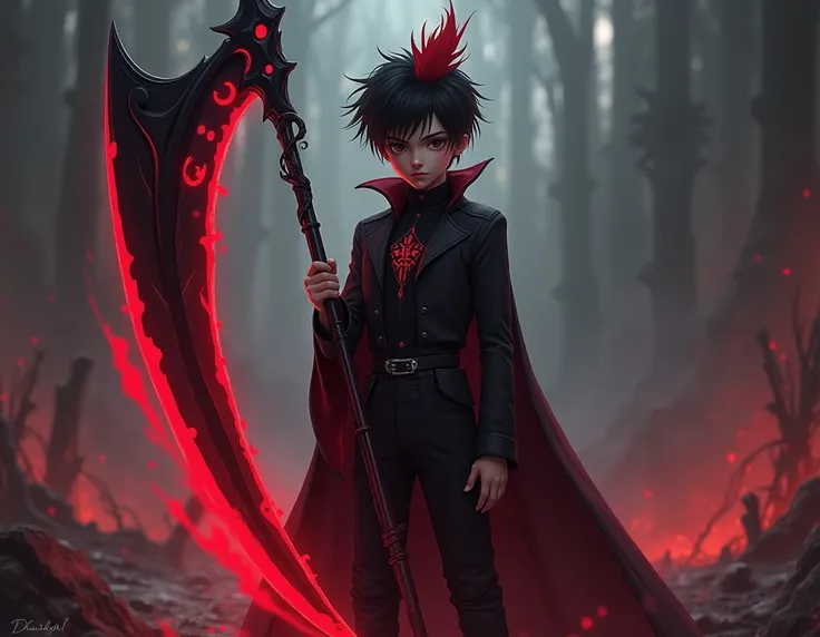  Give me a boy with black hair with a red tuft , His clothes are black with red lines ,  with a black scythe that gives off a red aura and that the background is apocalyptic.