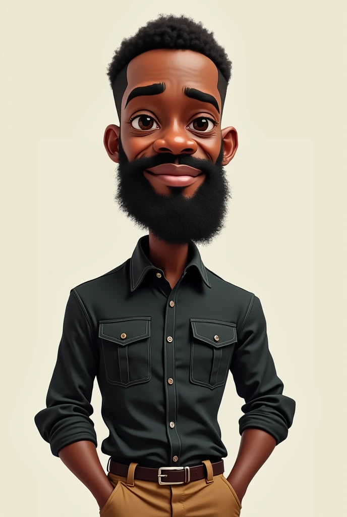 A caricature of a black civil engineer with a tall beard and a skinny complexion Without glasses, black cargo shirt and brown pants