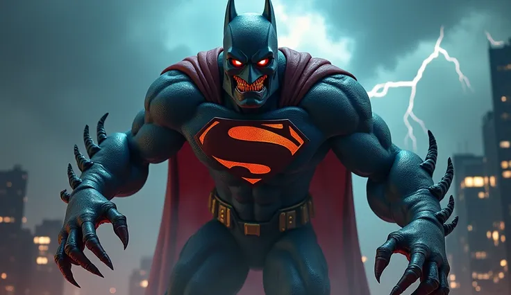 A vibrant, highly detailed 3D digital art image depicting a grotesque, monstrous fusion of Superman and Batman, with bulging, twisted muscles, razor-sharp claws, and glowing, malevolent eyes, set against a dark, stormy metropolis backdrop
