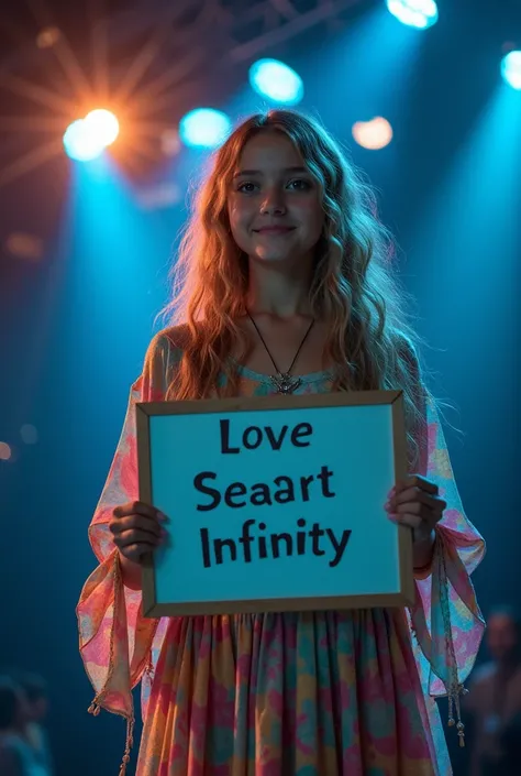 Beautiful girl with wavy long hair, bohemian dress, holding a white board with text "I Love Seaart Infinity" and showing it to the viewer"The transformation is complete—the girl has fully transformed into a magnificent hybrid parrot. The stage lights shine...