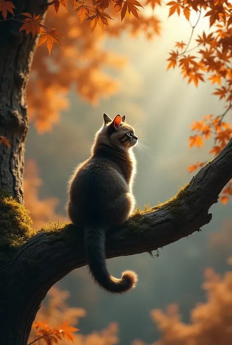  A cat seen from behind sitting on a tree branch, autumnal tones  