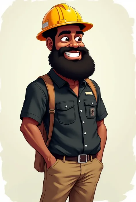 A caricature of a black civil engineer with a tall beard and a skinny complexion Without glasses, black cargo shirt and brown pants And civil engineers helmet