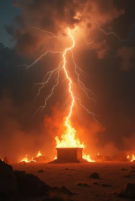 A lightning bolt striking from the sky, engulfing the altar in flames, the surrounding area consumed by fire, dramatic, divine intervention, epic scale, wide shot, hyper-realistic, photo realim, cinematography —ar 9:16