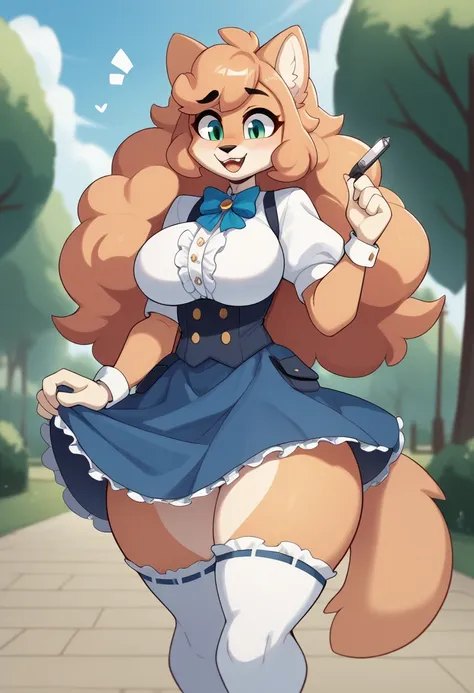 ((masterpiece, best quality)), (anthro furry:1.3, snout:1.2, anthro:1.3, furry:1.2, feline:1.3, closeup:1.2, solo female:1.2, princess, cute, (Young adult), sexy, big breasts, curvy hips, soft hair, soft fur, ((puffy white blouse, frilly poofy long blue sk...