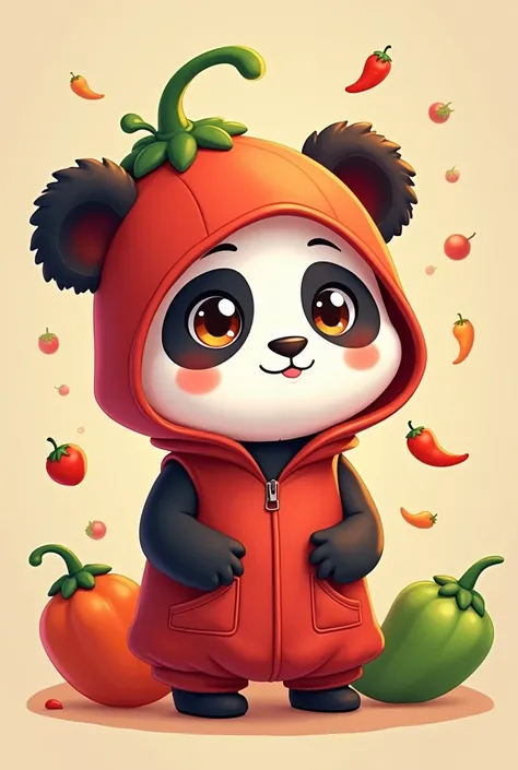  Q version cute panda ，Wear cute clothes ， wear a chili hat，Capsicum elements，Cute things